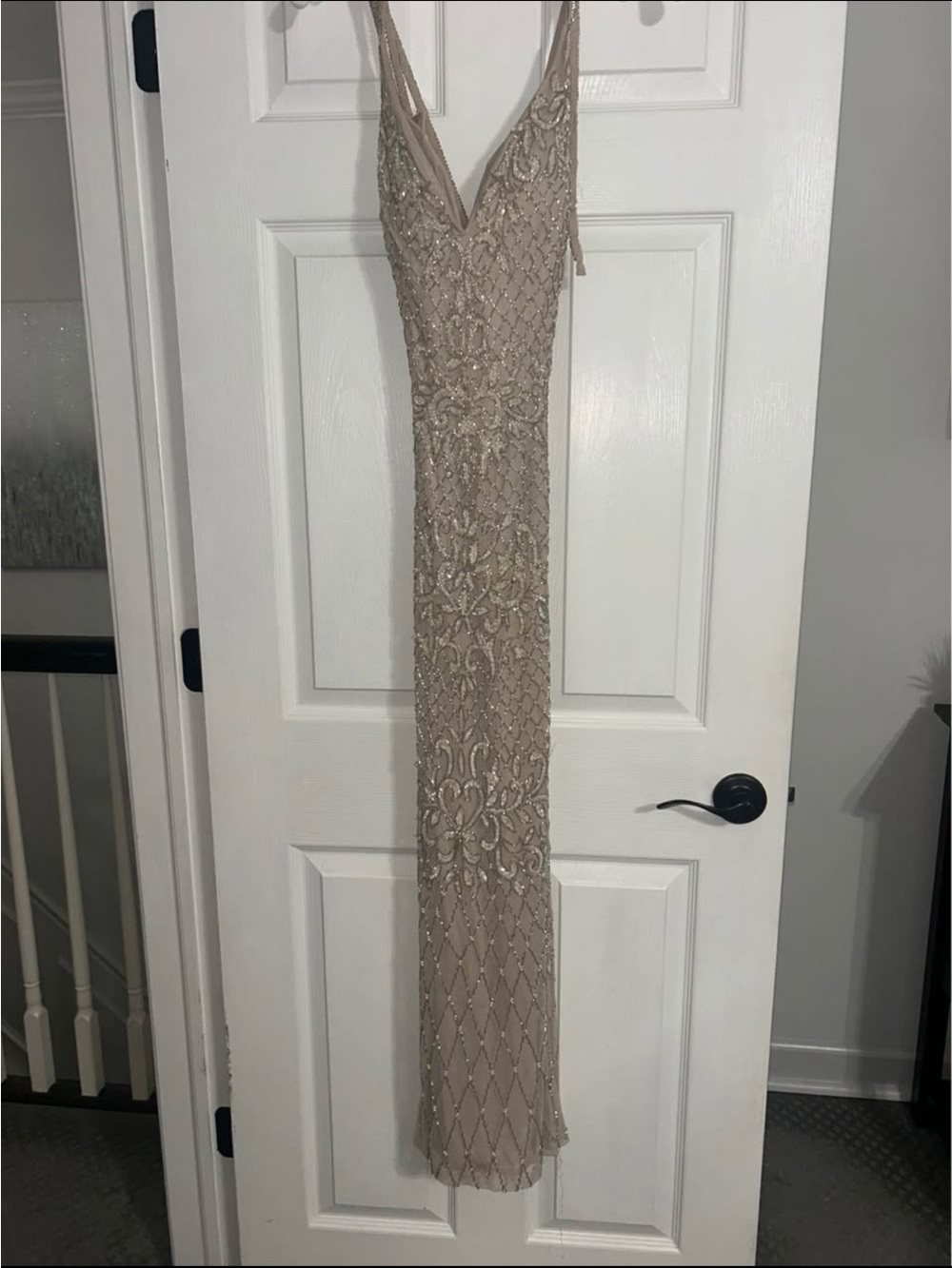 Beaded V-Neck Prom Dress in Neutral Beige